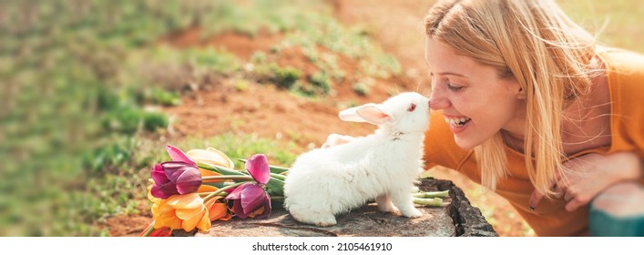 Spring Woman Face For Banner. Alice In Wonderland. Easter Bunny. Lovely Woman Hold White Rabbit. Happy Easter.