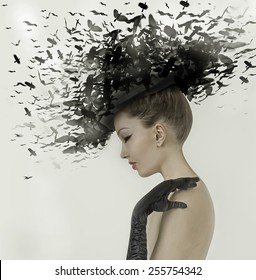 Spring Woman Fantasy Fashion Portrait. Fall. Beautiful Girl. Fashion Art Border Design. Hairstyle decorated with birds.