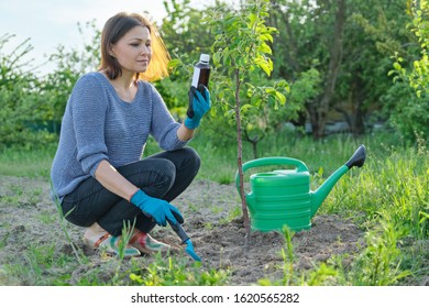 Spring work in the garden, bottle of chemical fertilizer, fungicide in hand of woman gardener. Processing and care of small apple fruit tree