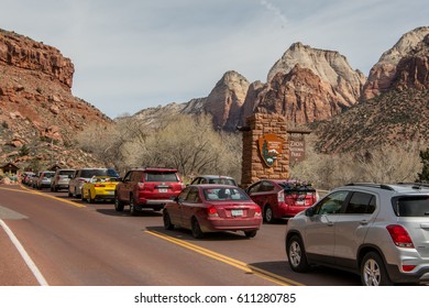 Springdale, United States: March 10, 2017: Waiting To Enter Zion National Park On A Busy Morning