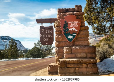 Springdale, UT, United States - January 2020 : Zion National Park Entrance Sign, An American National Park Located In Southwestern Utah Near The Town Of Springdale