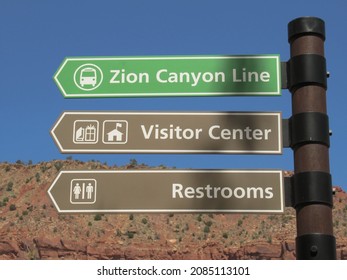 Springdale, UT, USA - Aug 2021: Zion National Park Directional Sign 