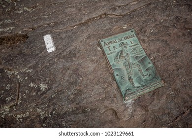 Springer Mountain, Georgia, USA - April 17, 2017: Plaque And White Blaze Mark The Southern Terminus Of The Appalachian National Scenic Trail.