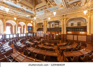 SPRINGFIELD, ILLINOIS, USA - JULY 11, 2018 - Interior Of The House Of Representatives Of The Illinois State Capitol In Springfield, Illinois.