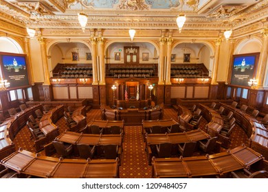 SPRINGFIELD, ILLINOIS, USA - JULY 11, 2018 - Interior Of The House Of Representatives Of The Illinois State Capitol In Springfield, Illinois.