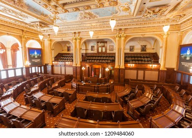 SPRINGFIELD, ILLINOIS, USA - JULY 11, 2018 - Interior Of The House Of Representatives Of The Illinois State Capitol In Springfield, Illinois.