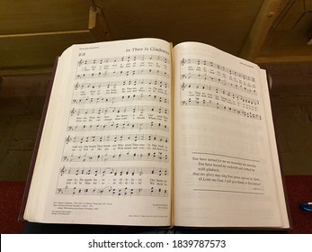 Springfield, IL/USA-10/3/20: A hymnal opened up the hymn for the Sunday services.