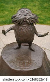 Springfield, MA - May 2022: A close up of the Lorax display at the Dr. Seuss National Memorial Sculpture Garden