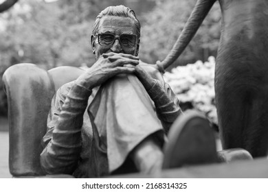 Springfield, MA - May 2022: Close up on the sculpture of Dr. Seuss at his memorial sculpture garden in black and white