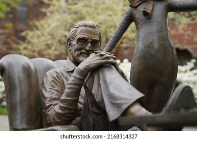 Springfield, MA - May 2022: Close up on the sculpture of Dr. Seuss at his memorial sculpture garden
