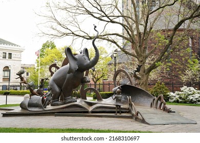 Springfield, MA - May 2022: A group shot of The Horton Court sculpture at the Dr. Seuss National Memorial Sculpture Garden