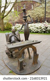Springfield, MA - May 2022: The sculpture of Dr. Seuss with The Cat in the Hat at the Dr. Seuss National Memorial Sculpture Garden