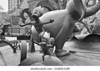 Springfield, MA - May 2022: Thing 1 and Thing 2 are jumping out from the sculpture at the Dr. Seuss National Memorial Sculpture Garden in black and white