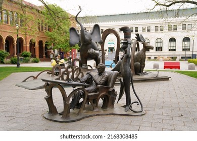 Springfield, MA - May 2022: A wide angle shot of the Dr. Seuss National Memorial Sculpture Garden