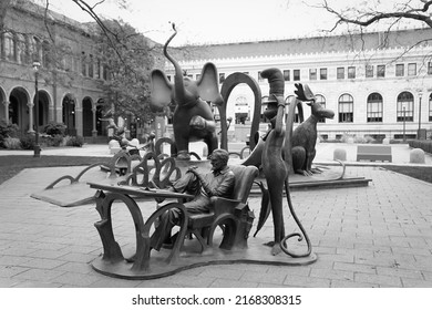 Springfield, MA - May 2022: A wide-angle shot of the Dr. Seuss National Memorial Sculpture Garden in black and white