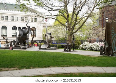 Springfield, MA - May 2022: A wide-angle shot of the Dr. Seuss National Memorial Sculpture Garden