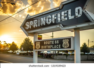 Springfield, Missouri - June 2017: Sunset In The City Birthplace Of Route 66 The Most Famous Road. Sign And Symbol 