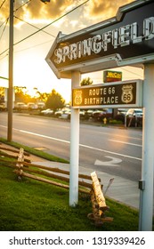 Springfield, Missouri - June 2017: Sunset In The City Birthplace Of Route 66 The Most Famous Road. Sign And Symbol 