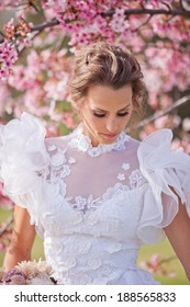 Springtime Beautiful bride looking down in Cherry Blossoms