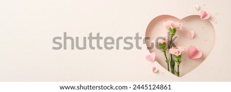 Springtime freshness theme. Top-view capture of blooming carnations, hearts, and vibrant confetti, framed by heart-shaped cutout on soft, pastel backdrop with space for personalized notes or advert