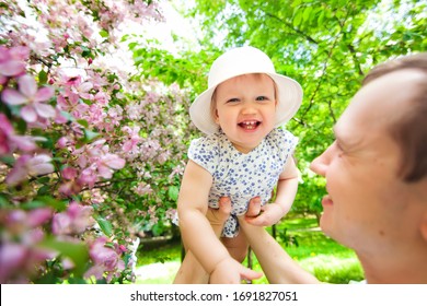 Springtime. Spring Sakura Bloom. Happy Couple In Sakura Flower Orchard. Tourist Family Walk In Sakura Park. Happy Family In Spring Garden. Mother Father And Small Son Together In Blooming Sakura Park.