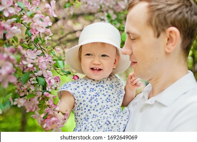 Springtime. Spring Sakura Bloom. Happy Couple In Sakura Flower Orchard. Tourist Family Walk In Sakura Park. Happy Family In Spring Garden. Mother Father And Small Son Together In Blooming Sakura Park.