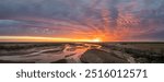 springtime sunrise over Platte River and plains near Kerney, Nebraska, aerial panorama