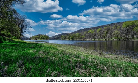 A springtime view of the Delaware River and Labar Island from Worthington State Forest in Hardwick, New Jersey.