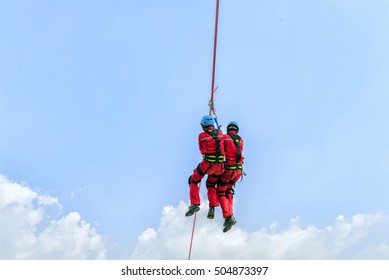 Sprinkle The Wire Rope For Rescue Training Course , Extreme Exercise Concept.