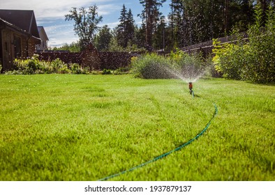 Sprinkler In Garden Watering The Lawn. House Exterior. 