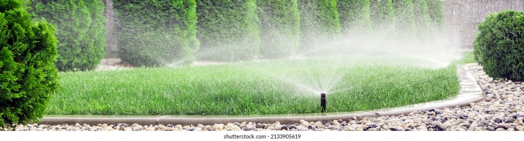 Sprinklers watering grass, green lawn in garden - Shutterstock ID 2133905619