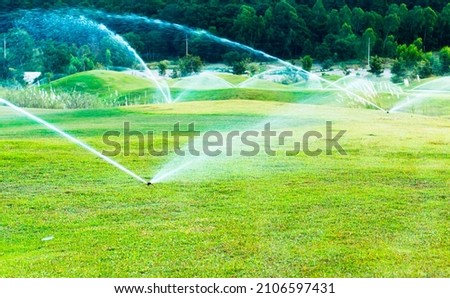 Sprinklers watering system working  of green golf course.