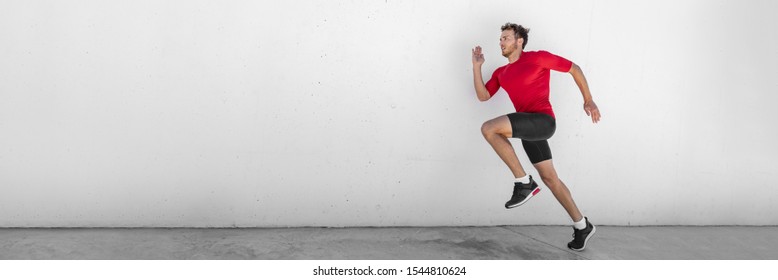 Sprint Run Man Runner Running Doing Jump Training Outdoor Sprinting At Gym. Fit Healthy Active Lifestyle. Male Athlete Hiit High Intensity Interval Cardio Workout. Banner Panorama Wall Background.