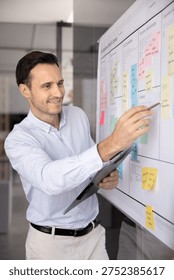 Sprint task update. Smiling mid aged businessman scrum master hold pen clipboard add handwritten data on colored memo sticks on agile project board write new details correct current structure elements