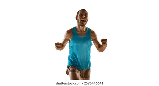 Sprinter flexing arms in powerful pose, victorious energy and raw emotion defining peak performance against white studio background. Concept of determination, success, and athletic goals. Ad