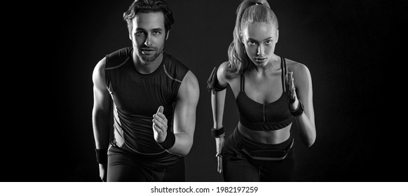 Sprinter run. Strong athletic woman and man running on black background wearing in the sportswear. Fitness and sport motivation. Runner concept.