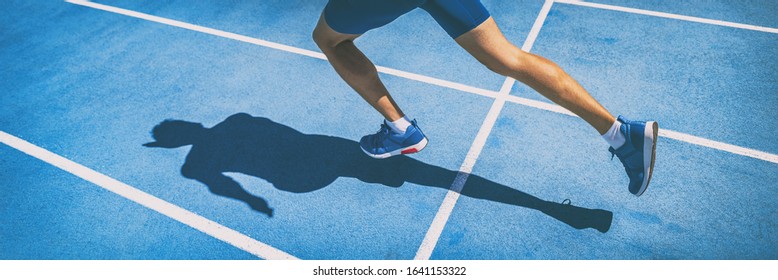 Sprinting man runner sprinter athlete running shoes and legs on track and field lane run race competing fast panoramic banner background. - Powered by Shutterstock