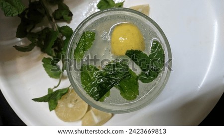 sprite colddrink bubbles with spearmint leaves and lemon