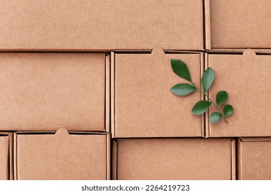 Sprout of grean leaves on recycled cardboard boxes top view. Eco, saving energy, zero waste, plastic free and environment conservation concept.