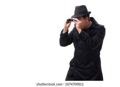 Spy With Binoculars Isolated On White Background