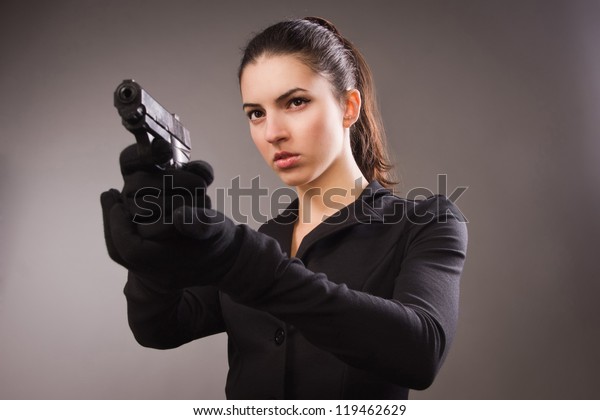 Spy Girl Black Suit Shoots Gun Stock Photo 119462629 | Shutterstock