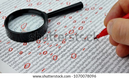 Spy reading word data encrypt with magnifying glass. Cipher encryption code or data
