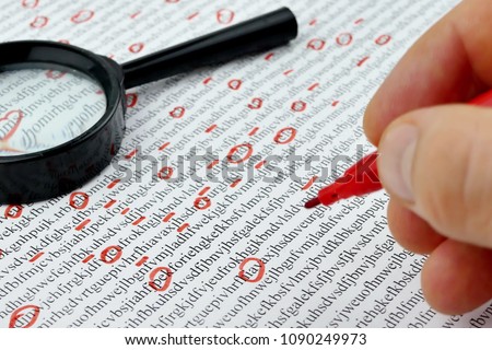 Spy reading word data encrypt with magnifying glass. Cipher encryption code or data