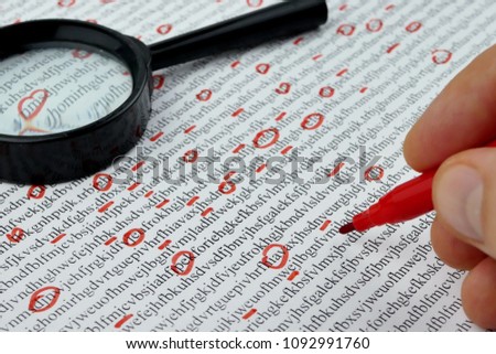 Spy reading word data encrypt with magnifying glass. Cipher encryption code or data