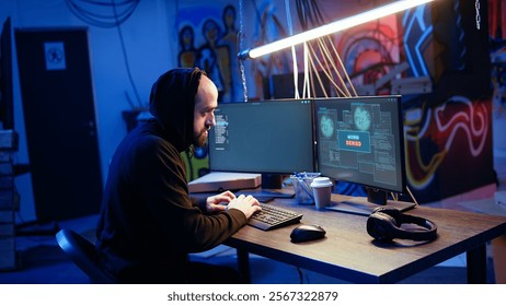 Spy in secret hideout angry after trying to steal valuable data by hacking governmental websites but getting attacks rejected by security. Upset espionage expert denied access to sensitive info
