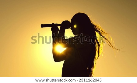 spyglass girl silhouette hand, travel look into distance, happy man, woman with long hair nature sky, sunset evening view, nature summer, face hand silhouette of a woman, women's adventure nature