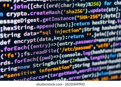 SQL injection. Close-up of hands typing on a computer keyboard with colorful GUI overlay, suggesting a work environment related to programming or computer science