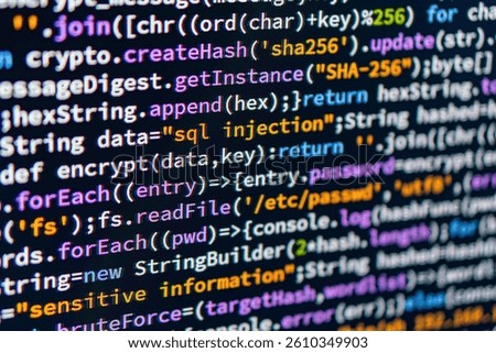 SQL injection. Close-up of hands typing on a computer keyboard with colorful GUI overlay, suggesting a work environment related to programming or computer science