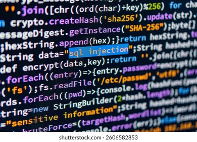 SQL injection. Close-up image of a computer screen displaying highlighted SQL Injection code, emphasizing a cyber security threat The image likely serves educational purposes about SQL Injection
