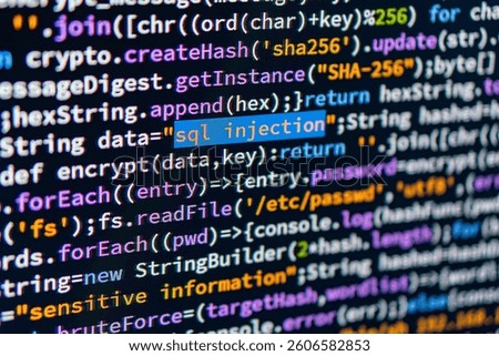 SQL injection. Close-up image of a computer screen displaying highlighted SQL Injection code, emphasizing a cyber security threat The image likely serves educational purposes about SQL Injection